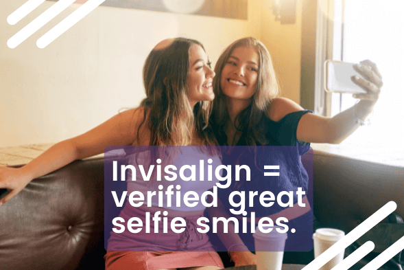 Invisalign aligners = verified great selfie smile with 2 teens smiling