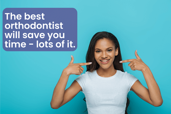 The best orthodontist will save you time graphic with girl smiling and pointing