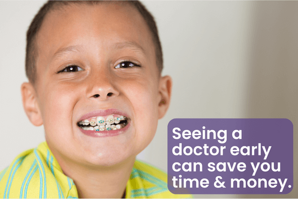 Seeing a doctor early can save you time & money graphic with boy smiling